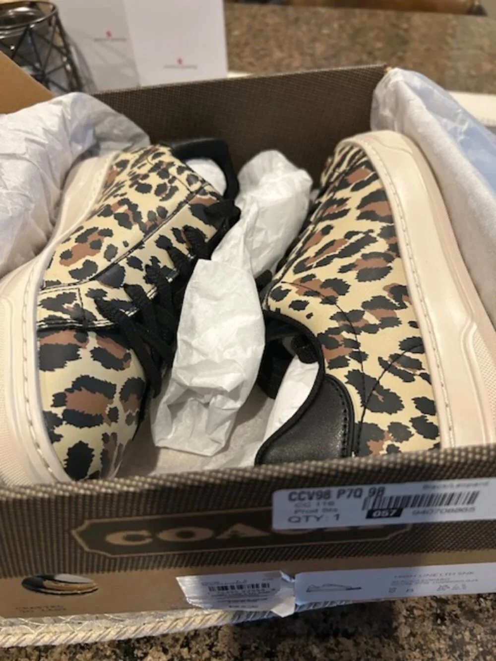 Coach Black/Leopard High Line Leather Sneaker With Leopard Print